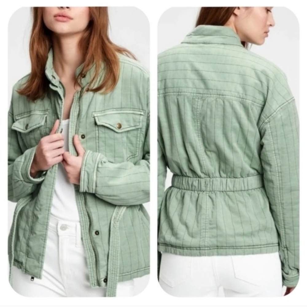 GAP Quilted Cozy Rustic Jacket Minted Sage Green Belted Casual Cabincore Small